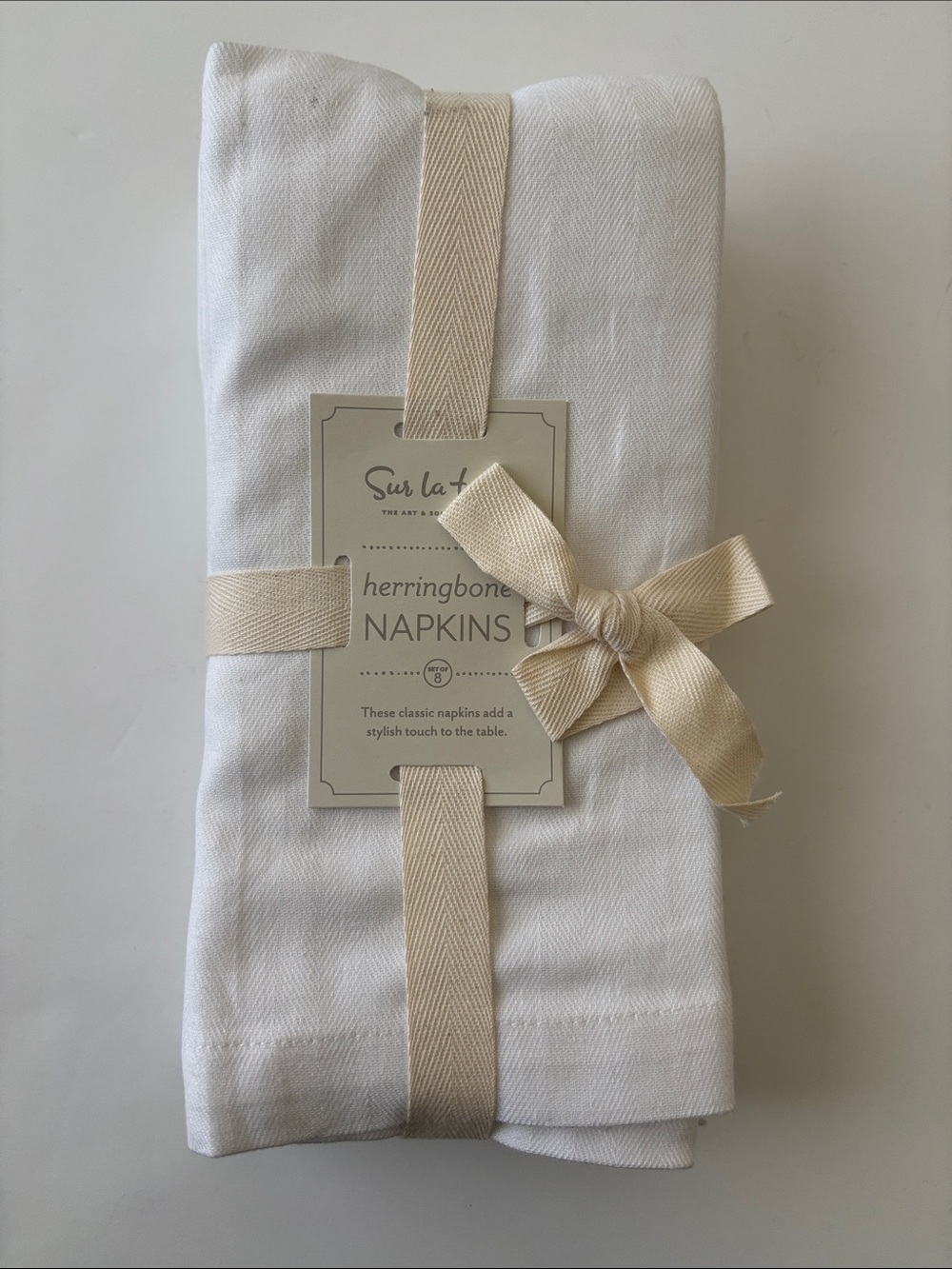 NWT Sur La Table 100% Cotton Herringbone Napkins Set of 8, WHITE